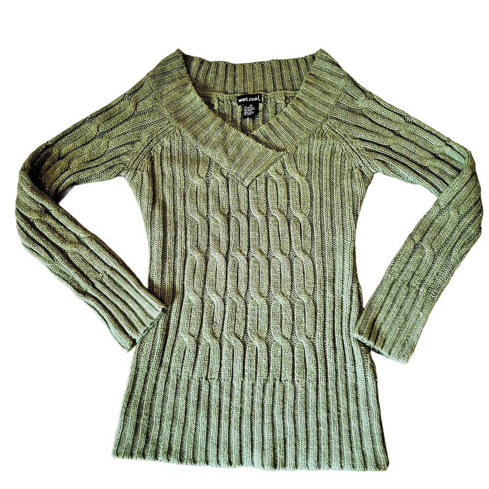 Vintage Y2K Wet Seal Green Cable Knit V-Neck Sweater Sparkly Thread sz XS